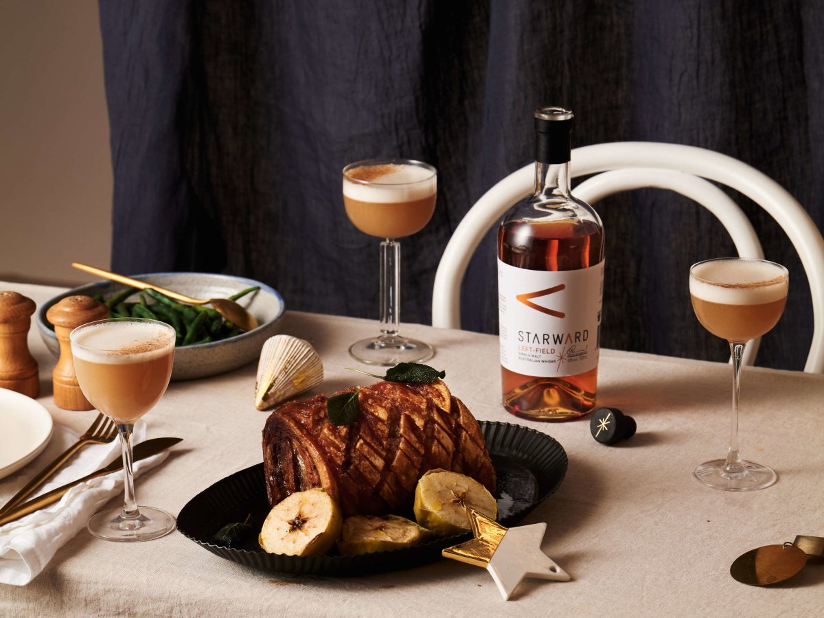 food dinner ham roast cocktails glass whisky bottle liquid amber gold stemmed glasses