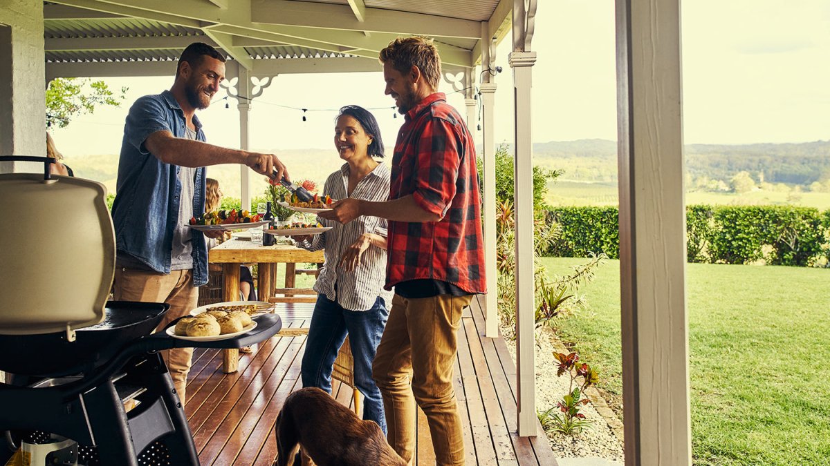 friends countryside barbecue sharing food drinks cocktails wine dog green grass wooden veranda