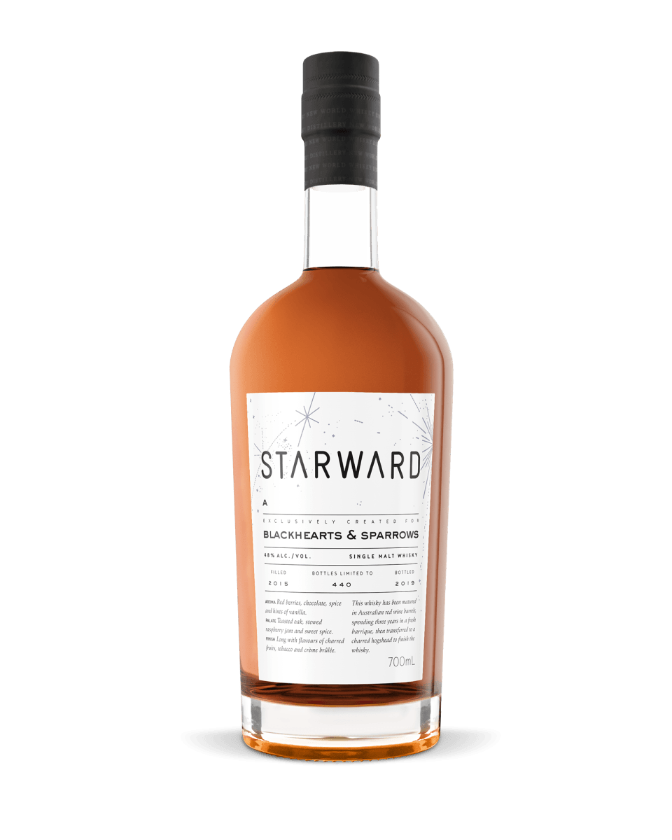 Blackhearts & Sparrows whisky bottle black cap caramel colour whiskey