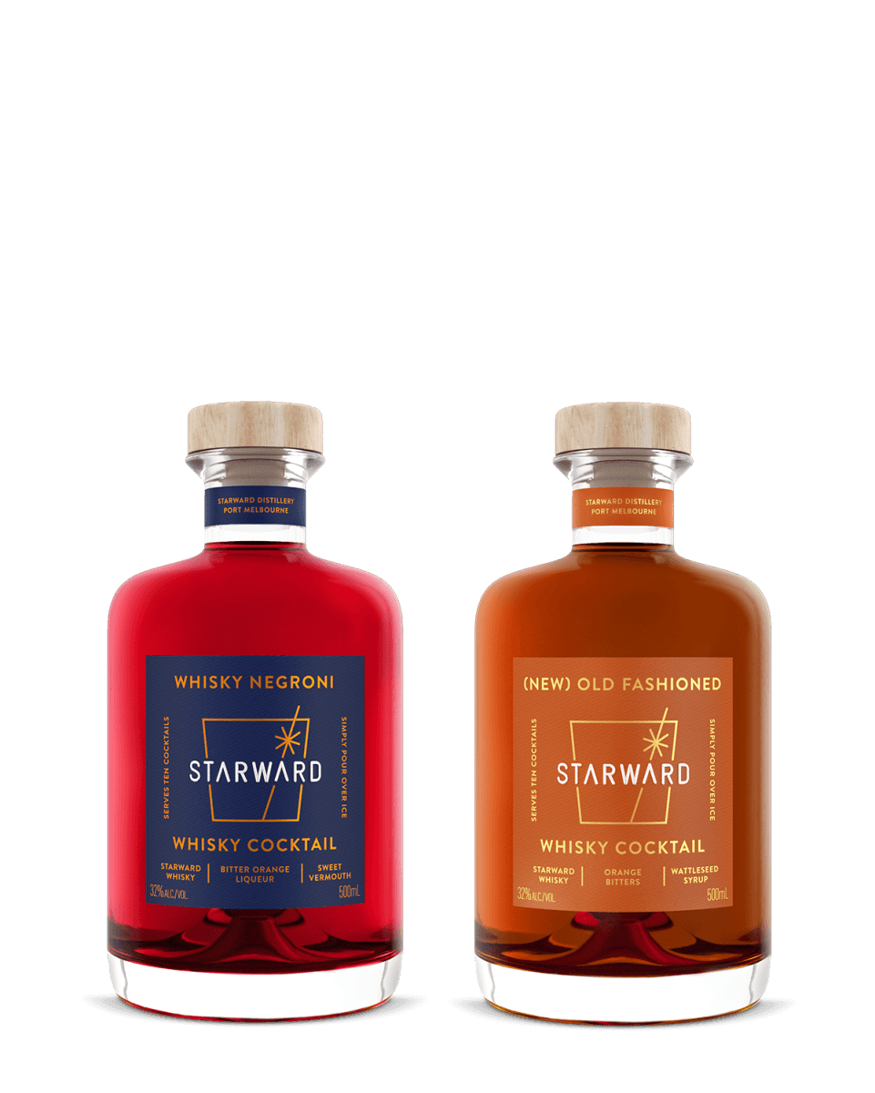 bottled cocktail pair with red negroni liquid and caramel old fashioned liquid glass bottle